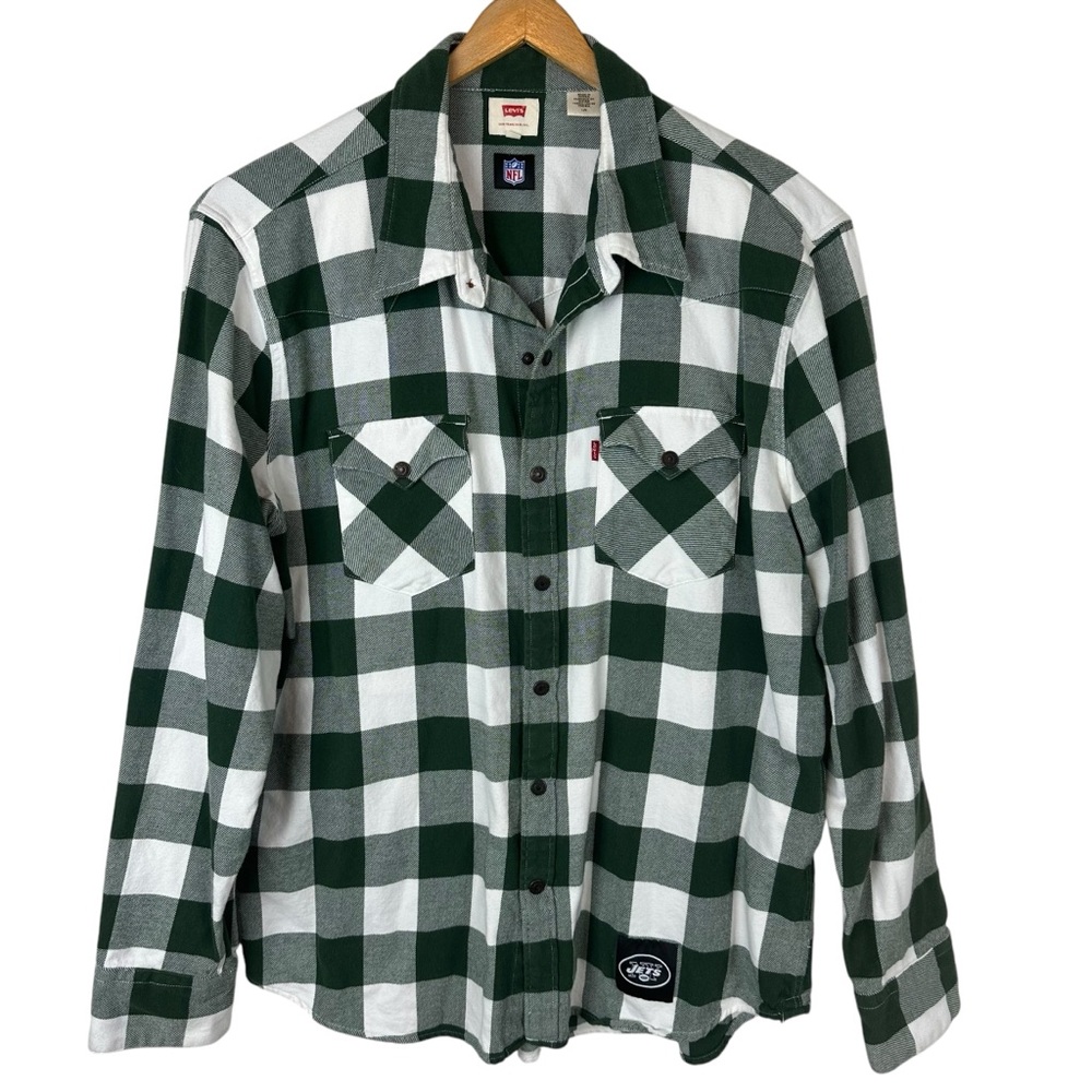 Levi's NY Jets Patch Western Snap Buffalo Plaid Flannel Shirt